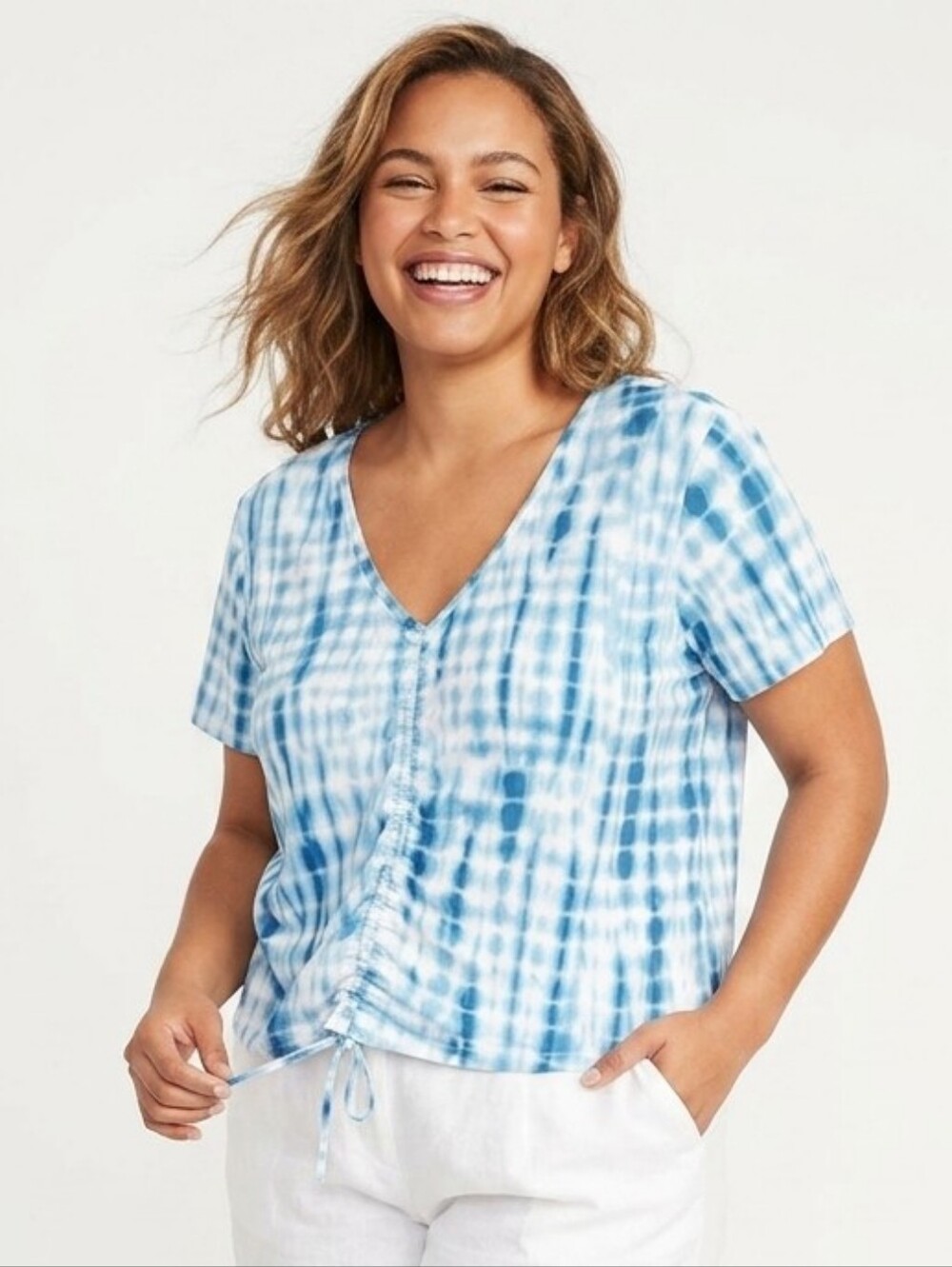 BCBGeneration Blue Tie-Dye V-Neck Drawstring Tee